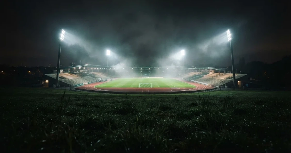 Ein Stadion unter Flutlicht, aus großer Entfernung über eine dunkle Wiese fotografiert, am Himmel zieht Nebel auf.