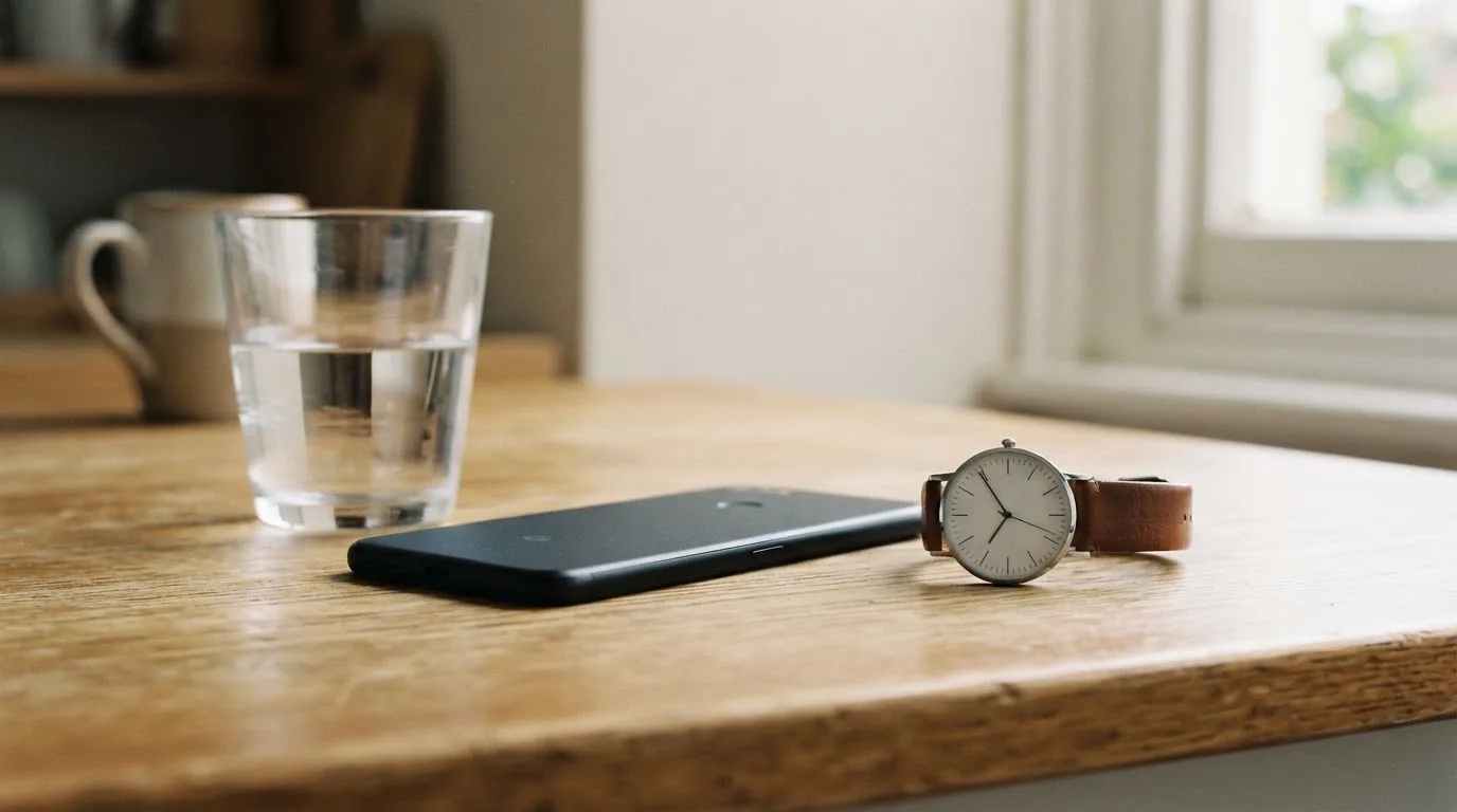 Ein Smartphone liegt mit dem Display nach unten auf einem Küchentisch, daneben stehen ein Glas Wasser und eine Armbanduhr.