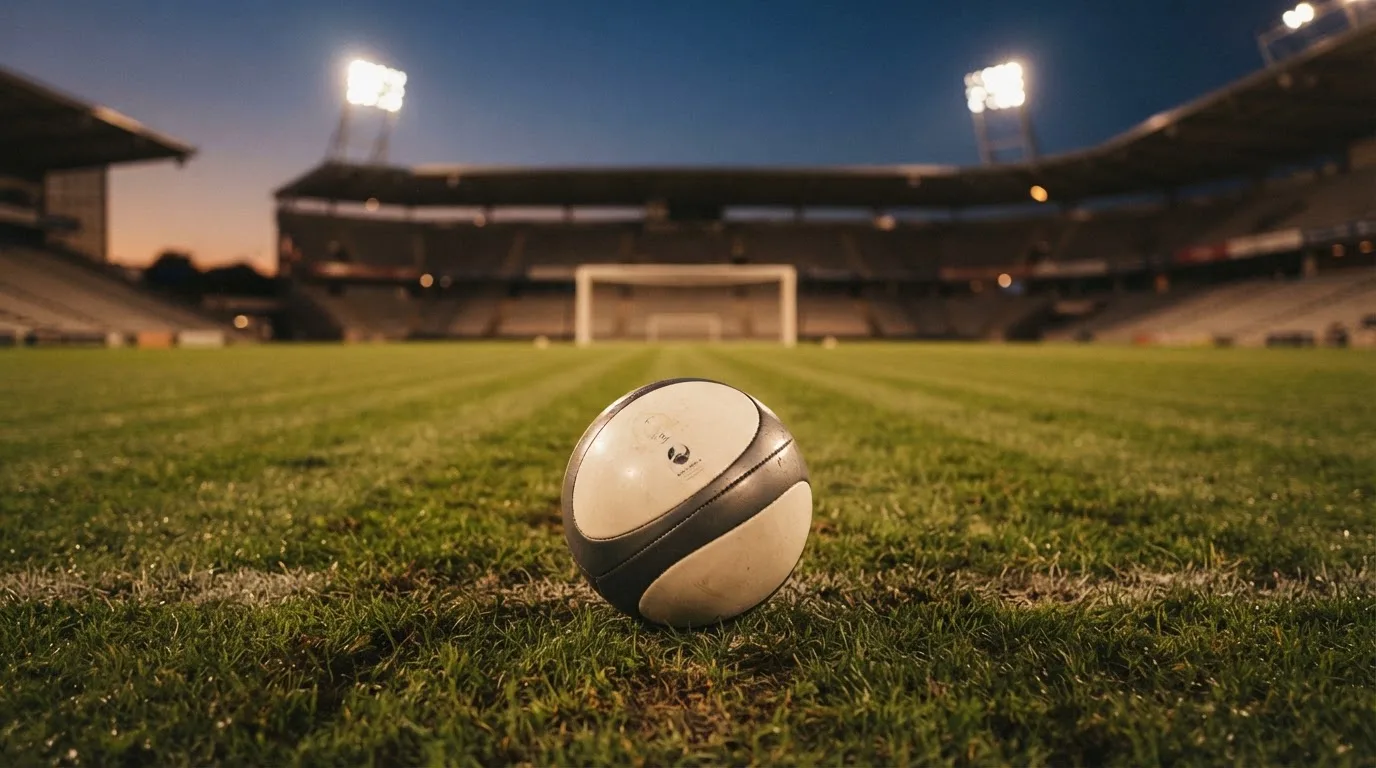 Ein Fußball liegt auf dem Rasen eines leeren Platzes, im Hintergrund ein Stadion unter Flutlicht in der Abenddämmerung.