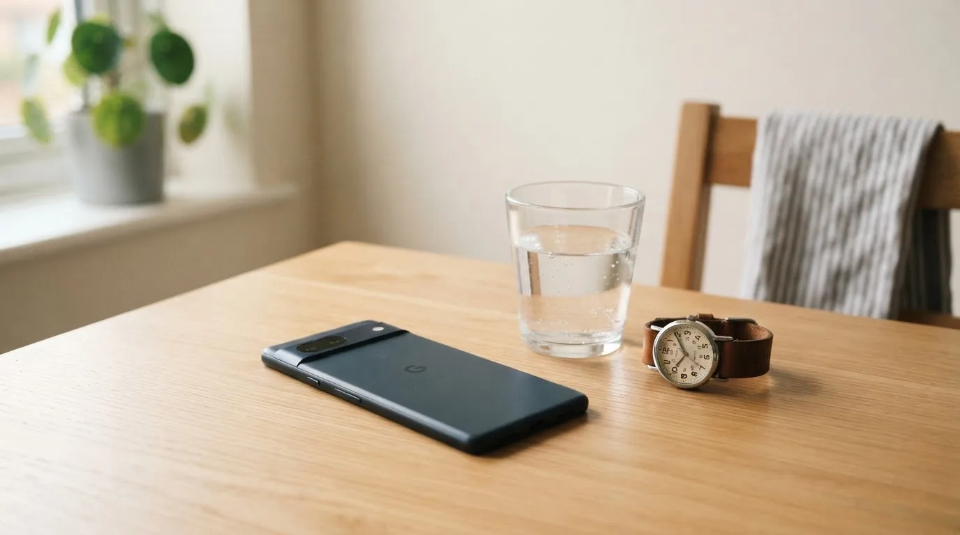 Ein Smartphone liegt mit dem Display nach unten auf einem Küchentisch, daneben stehen ein Glas Wasser und eine Armbanduhr.