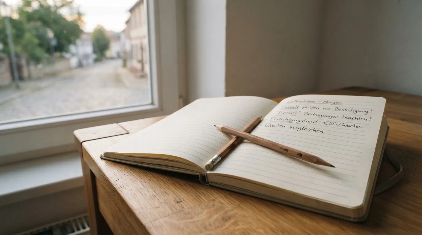 Ein Notizbuch mit handschriftlichen Notizen und ein Bleistift liegen auf einem Schreibtisch am Fenster, draußen fällt Morgenlicht herein.
