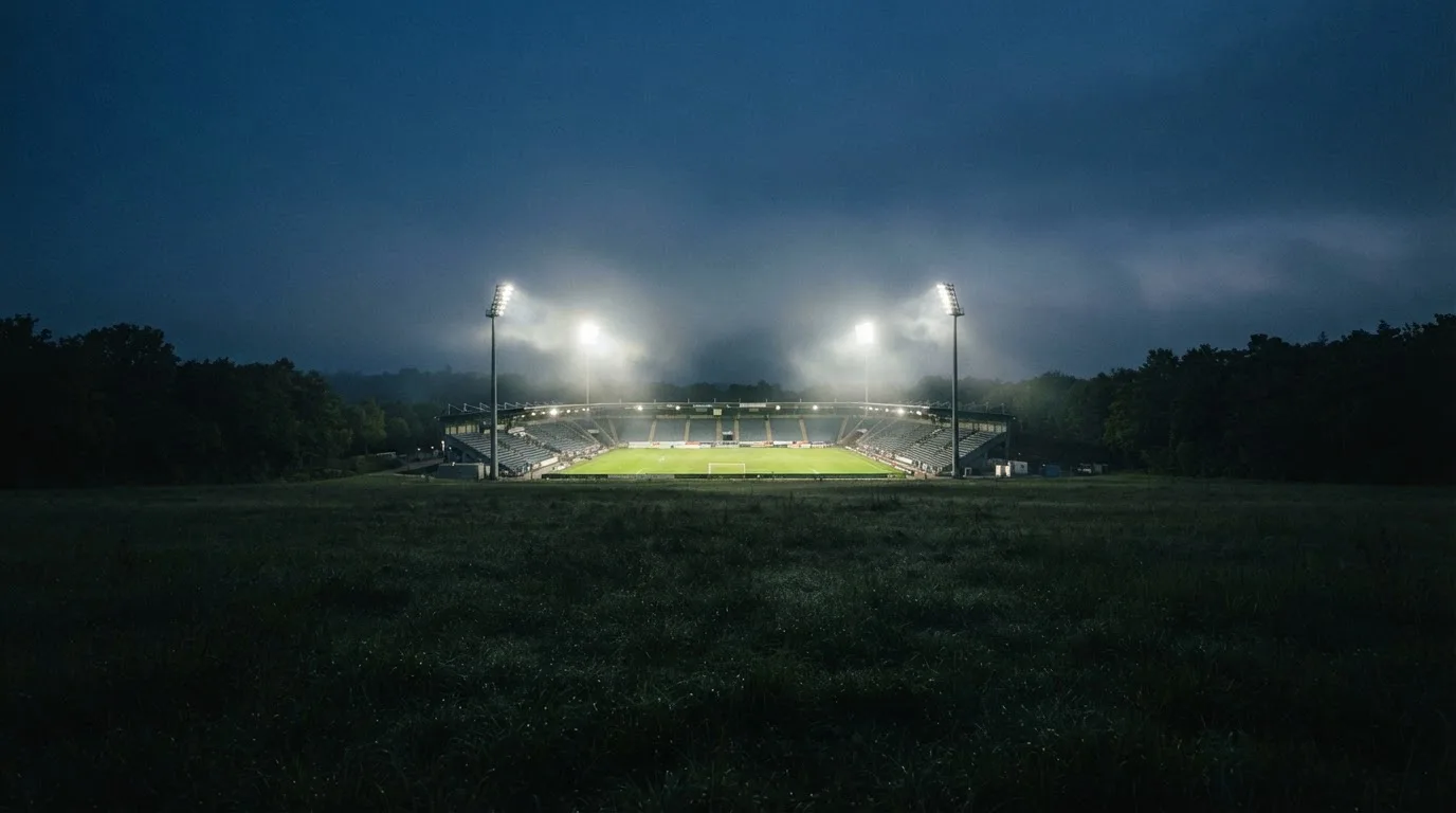 Ein Stadion unter Flutlicht, aus großer Entfernung über eine dunkle Wiese fotografiert, am Himmel zieht Nebel auf.
