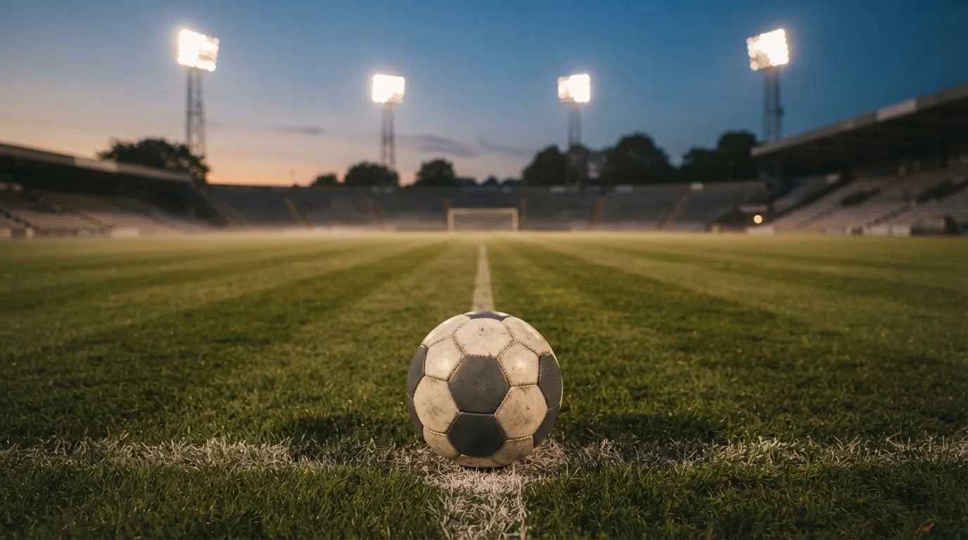 Ein Fußball liegt auf dem Anstoßpunkt eines leeren Rasenplatzes, im Hintergrund steht ein Stadion unter Flutlicht in der Dämmerung.