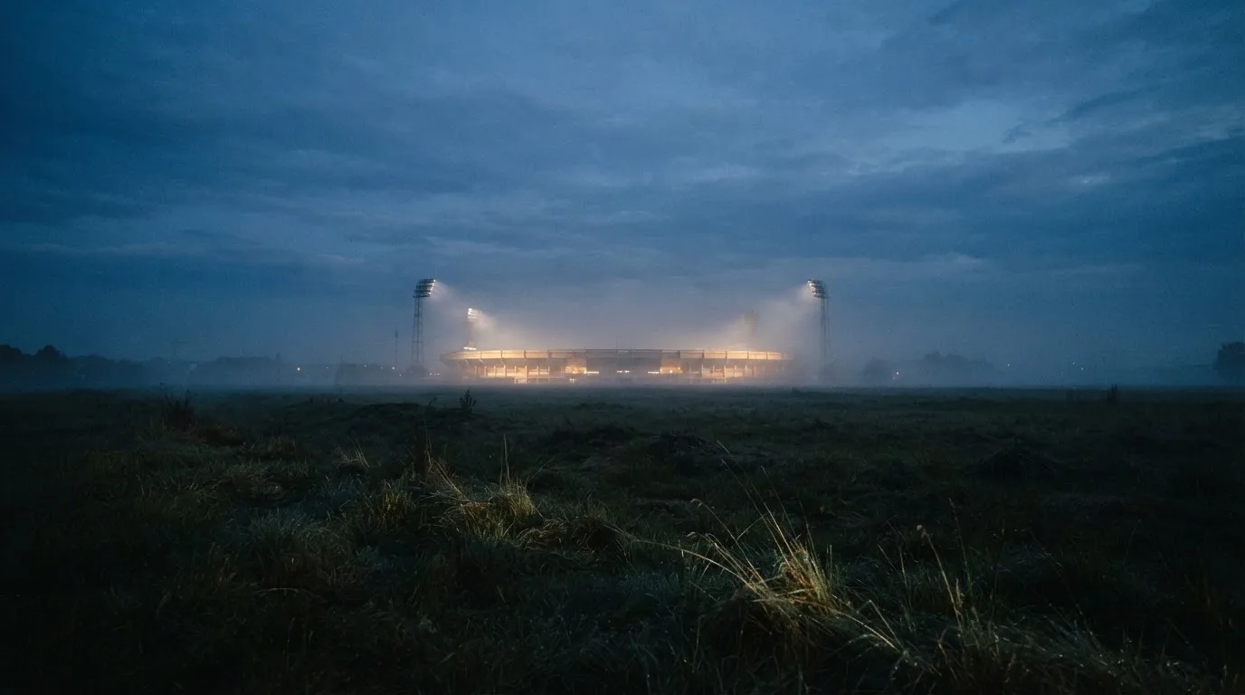Ein Stadion unter Flutlicht, aus großer Entfernung über eine dunkle Wiese fotografiert, am Himmel zieht Nebel auf.