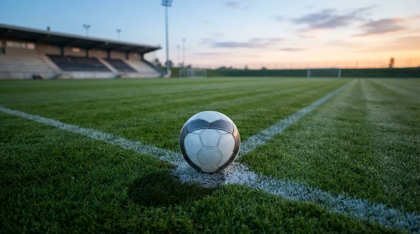 Ein Fußball liegt auf dem Anstoßpunkt eines leeren Rasenplatzes in der Morgendämmerung, im Hintergrund eine leere Tribüne.