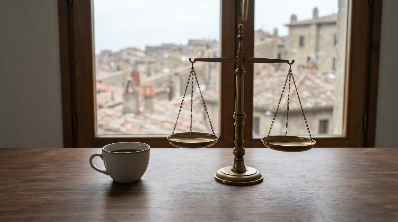 Eine Messingwaage steht auf einem dunklen Holzschreibtisch neben einer Kaffeetasse, im Hintergrund ein Fenster mit Blick auf Dächer.