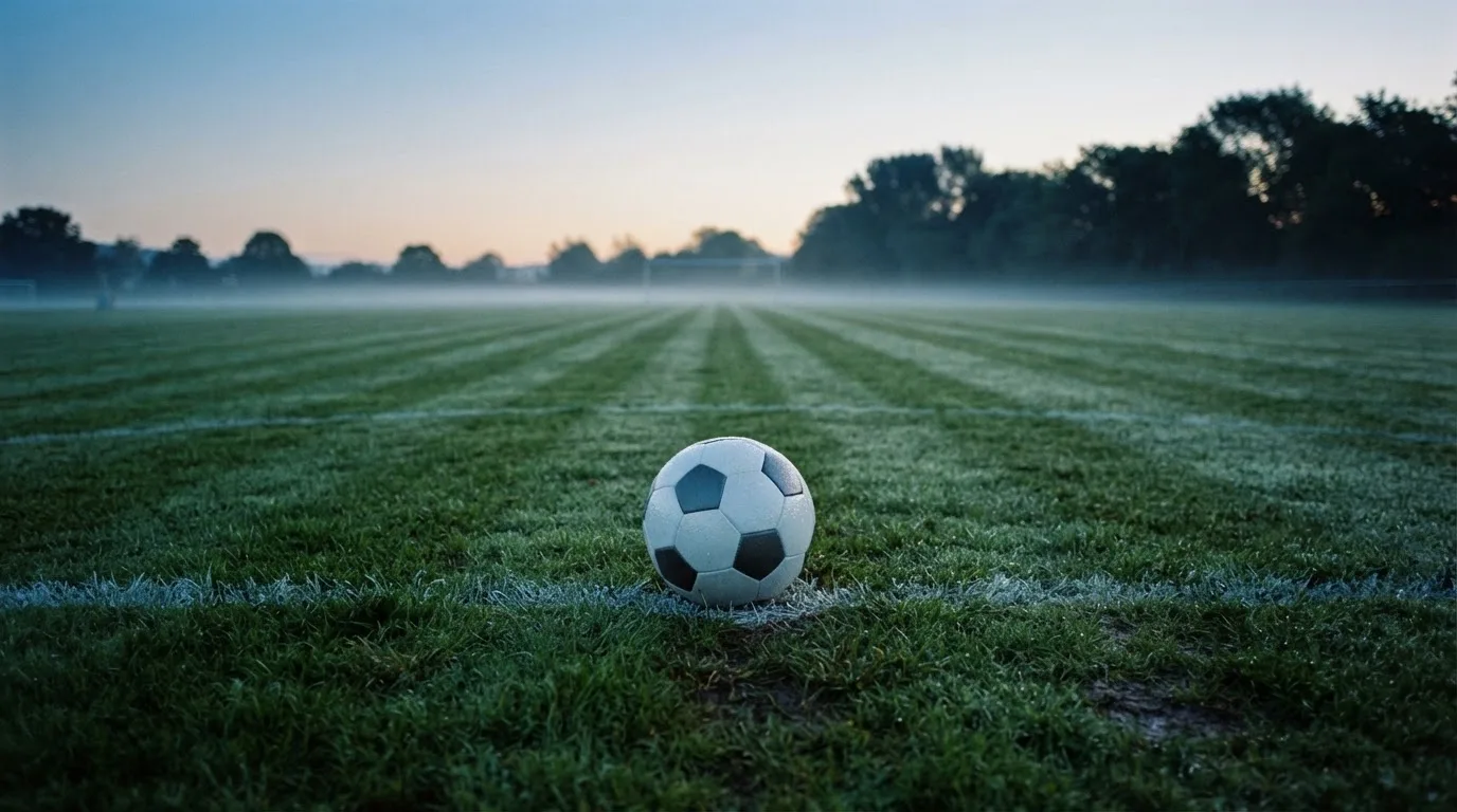 Ein Fußball ruht auf dem Mittelkreis eines leeren Rasenplatzes in der Morgendämmerung, Tau liegt auf dem Gras.