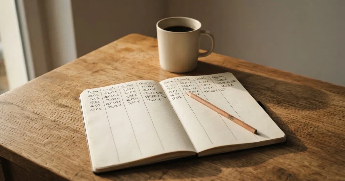 Ein Notizbuch mit handschriftlichen Spalten und Strichlisten liegt neben einem Taschenrechner und einem Bleistift auf einem Schreibtisch.