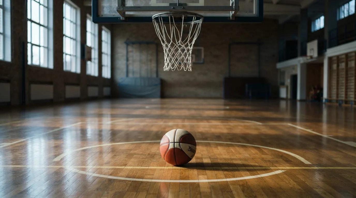 Ein Basketball liegt auf dem Hallenboden unter einem Korb, das Netz hängt ruhig, Morgenlicht fällt durch hohe Fenster.