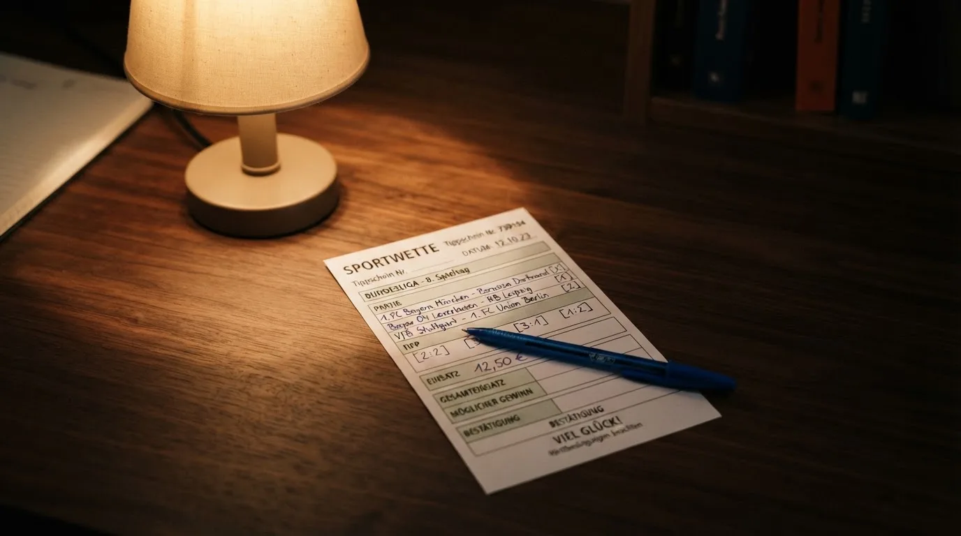 Ein leerer Wettschein aus Papier und ein Kugelschreiber liegen auf einer Tischplatte neben einer kleinen Tischlampe.