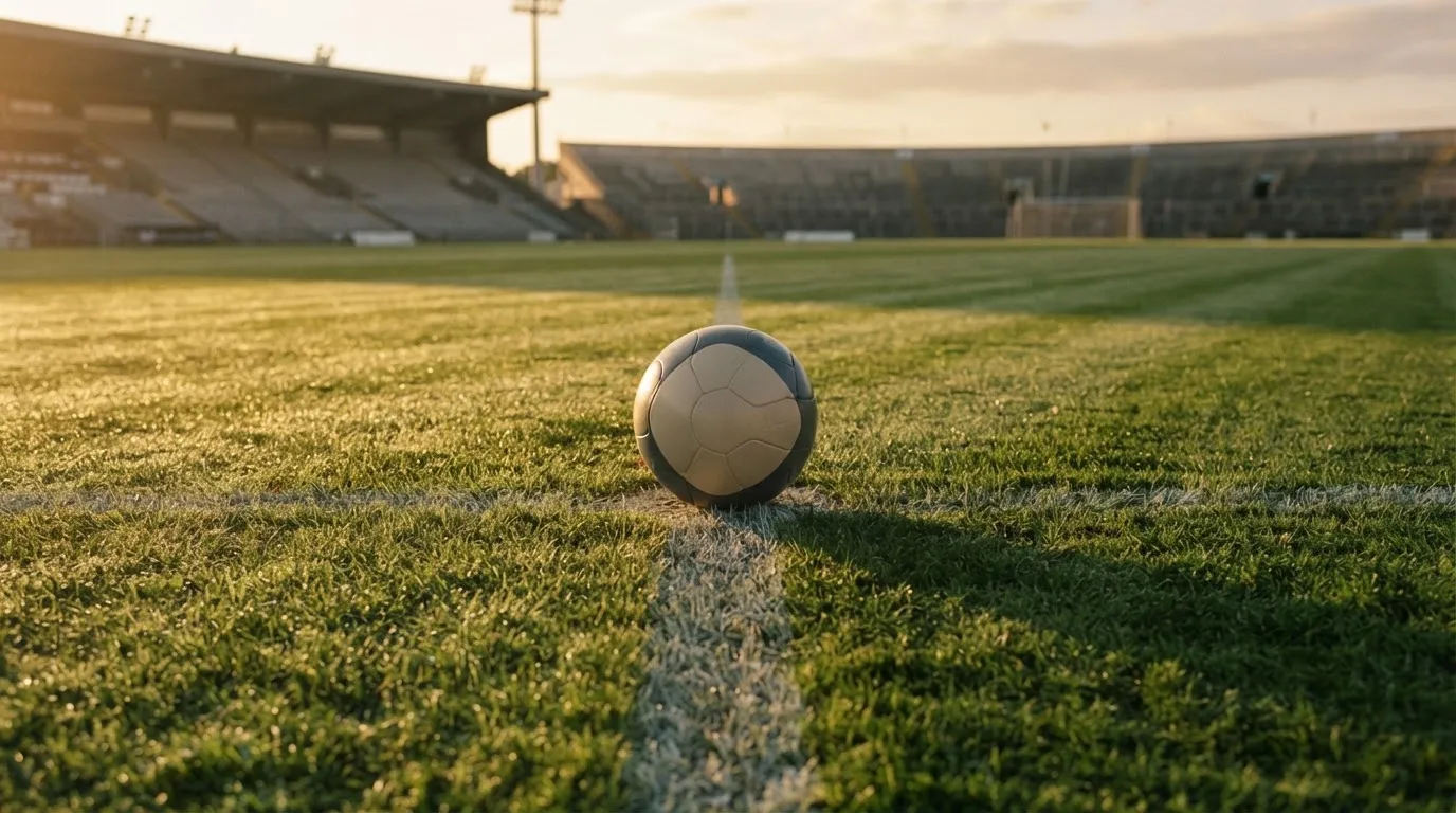 Ein Fußball liegt auf dem Anstoßkreis eines leeren Rasenplatzes im Licht der Morgensonne.