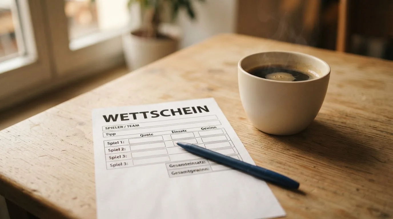 Ein leerer Wettschein aus Papier liegt neben einem Kugelschreiber und einer Tasse auf einem hellen Holztisch.