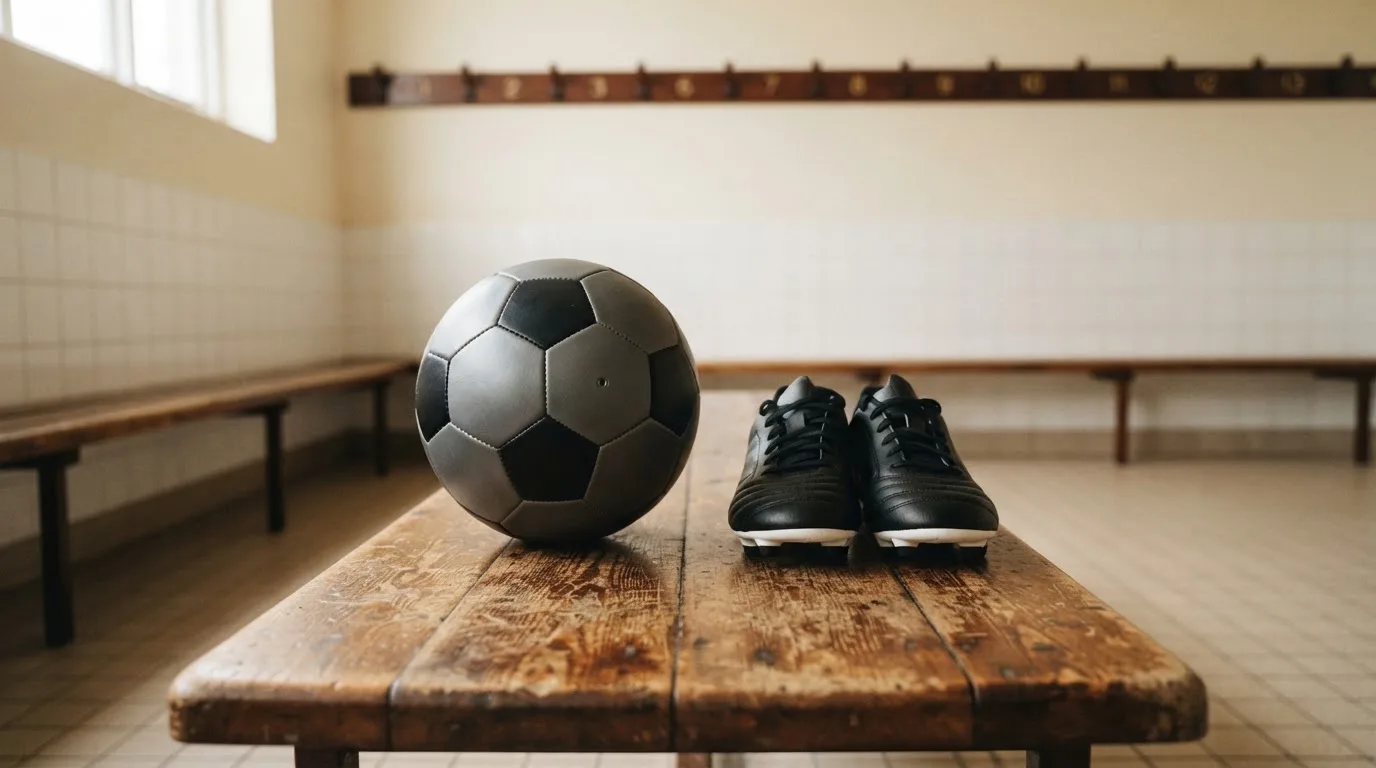 Ein Fußball liegt neben einem Paar Fußballschuhen ohne Markenzeichen auf einer Holzbank in einer leeren Umkleide.