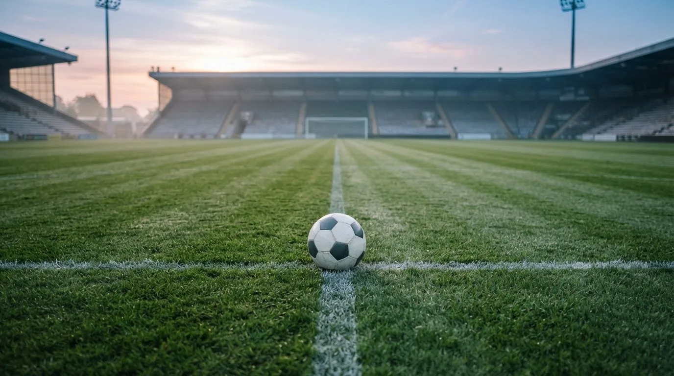 Ein Fußball liegt auf dem Anstoßpunkt eines leeren Rasenplatzes in der Morgendämmerung, im Hintergrund eine leere Tribüne.