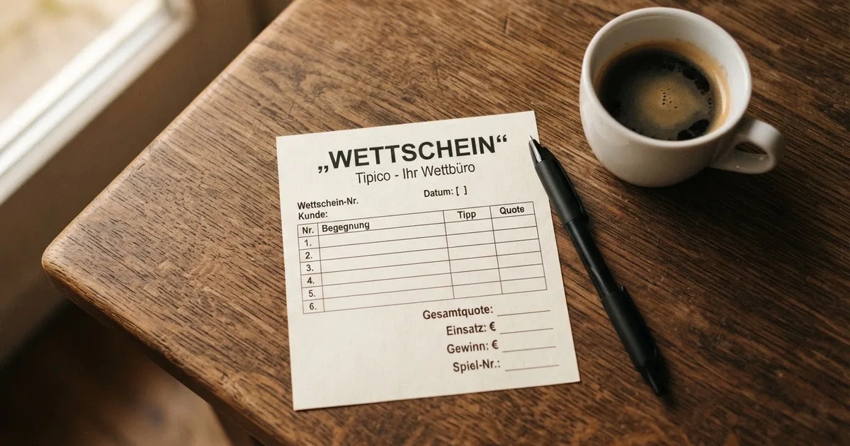 Ein leerer Wettschein aus Papier liegt neben einem Kugelschreiber und einer Tasse Kaffee auf einem Tisch, Aufnahme von oben.