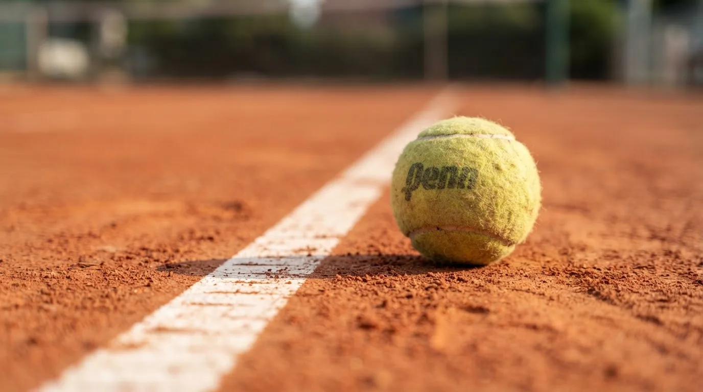 Ein einzelner Tennisball liegt auf rotem Sand neben einer weißen Linie, geringe Schärfentiefe.