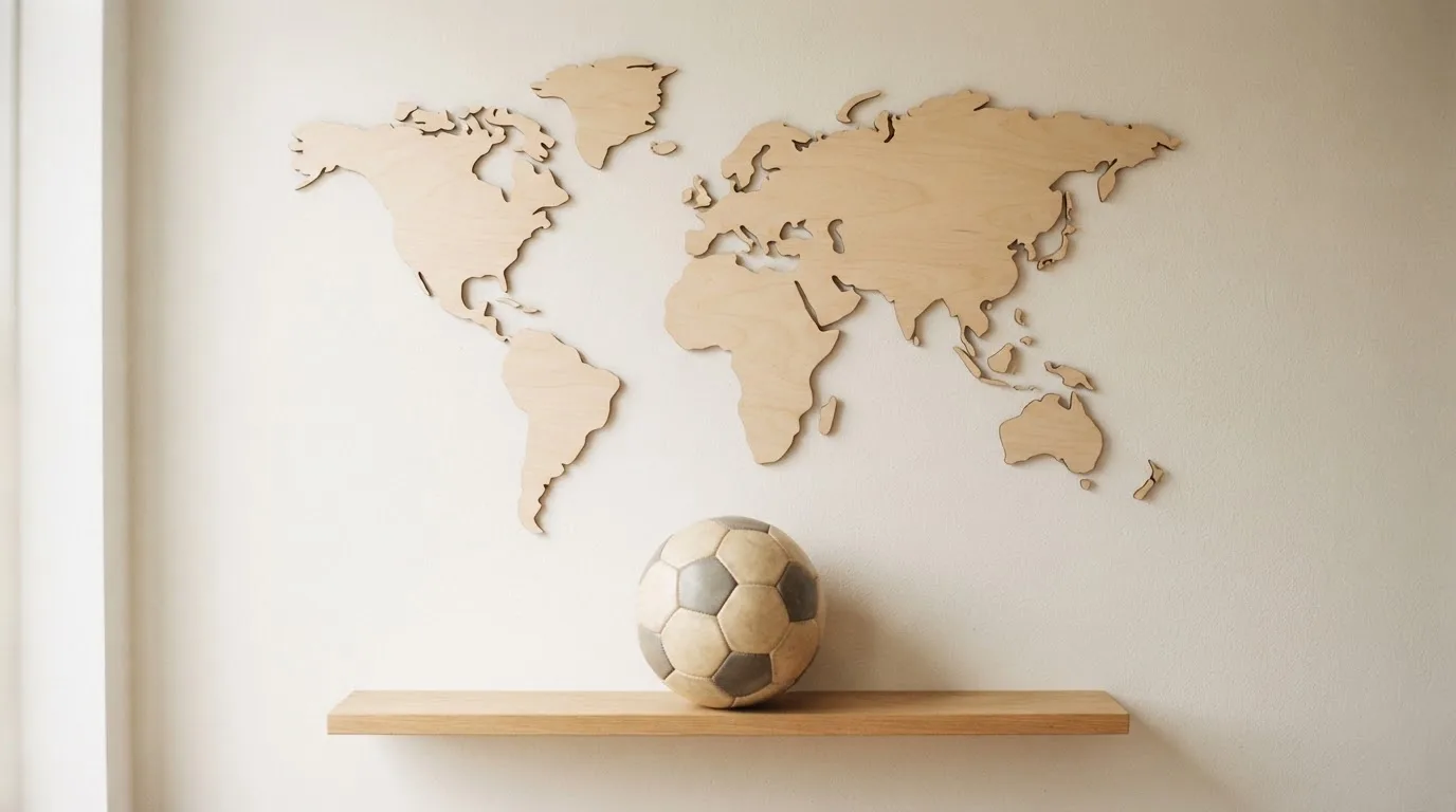Eine Weltkarte aus Holz hängt an einer Wand, davor liegt ein Fußball auf einem Regal, ohne erkennbare Beschriftung.