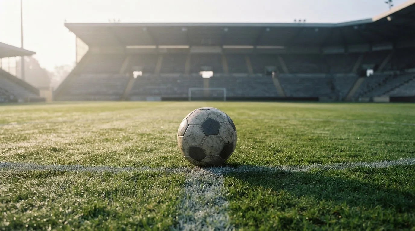 Ein Fußball liegt auf dem Anstoßpunkt eines leeren Rasenplatzes im frühen Morgenlicht, dahinter eine leere Tribüne.