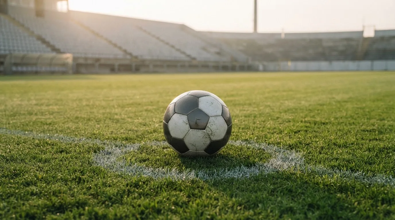 Ein Fußball liegt auf dem Anstoßpunkt eines leeren Rasenplatzes im frühen Morgenlicht, dahinter eine leere Tribüne.