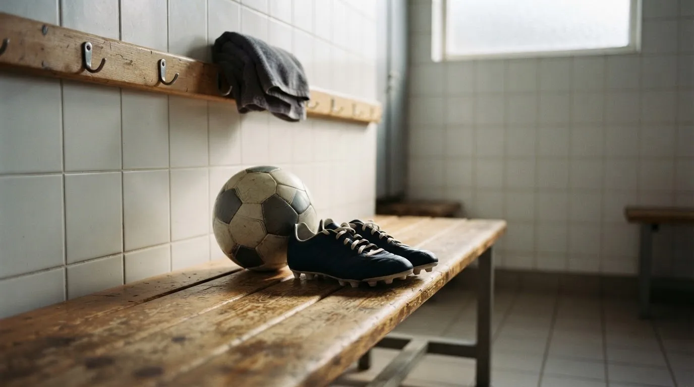 Ein Fußball liegt auf einer Holzbank in einer leeren Umkleide neben einem Paar Fußballschuhen ohne Markenzeichen.