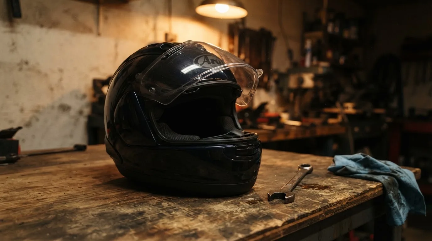 Ein schwarzer Motorradhelm ohne Aufdruck liegt auf einer Werkbank neben einem Schraubenschlüssel, warmes Licht einer Werkstatt.