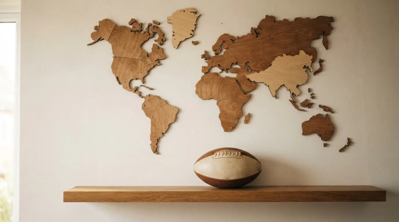 Eine Weltkarte aus Holz hängt an einer Wand, davor liegt ein Fußball auf einem Regal, ohne erkennbare Beschriftung.