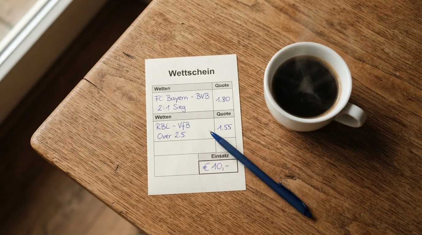 Ein leerer Wettschein aus Papier liegt neben einem Kugelschreiber und einer Tasse Kaffee auf einem Holztisch, Aufnahme von oben.