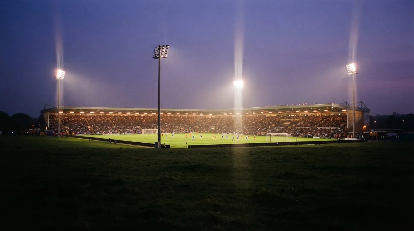Ein großes Stadion unter Flutlicht, aus der Ferne über eine dunkle Wiese gesehen, die Lichtmasten spiegeln sich im Dunst der Abenddämmerung.