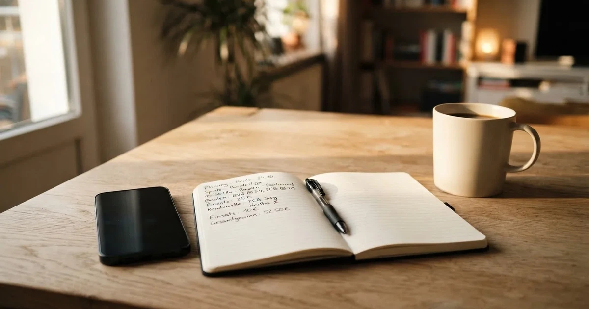 Ein Smartphone mit dunklem Display liegt neben einem Notizbuch mit handschriftlichen Notizen auf einem hellen Holztisch, daneben eine Tasse Kaffee im Morgenlicht.