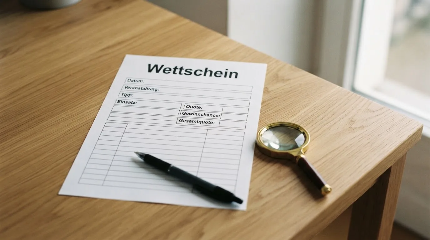 Ein leerer Papierwettschein und ein Kugelschreiber liegen auf einem aufgeräumten Schreibtisch neben einer Lupe, weiches Licht von einem Fenster.