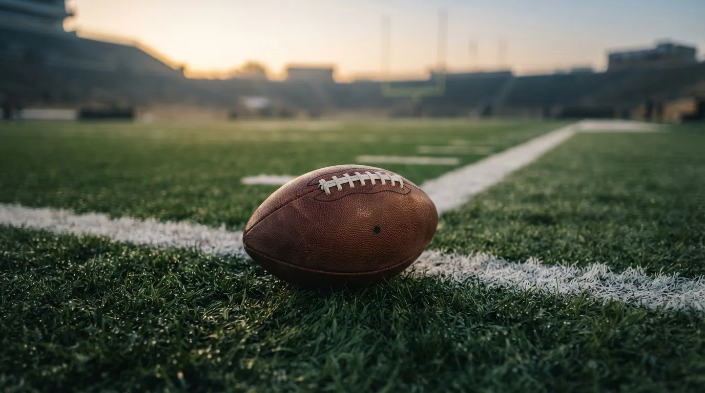 Ein ovaler Lederball mit heller Schnürung liegt auf dem Rasen vor der Endzone, Tau auf dem Gras im ersten Morgenlicht.