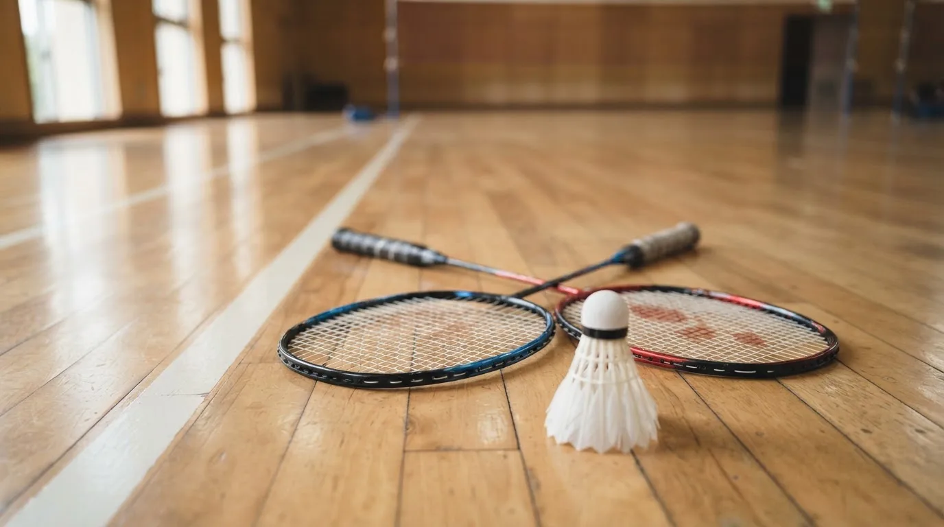 Zwei Badmintonschläger und ein Federball liegen auf einem Holzboden neben der Seitenlinie, weiches Licht fällt von der Seite ein.