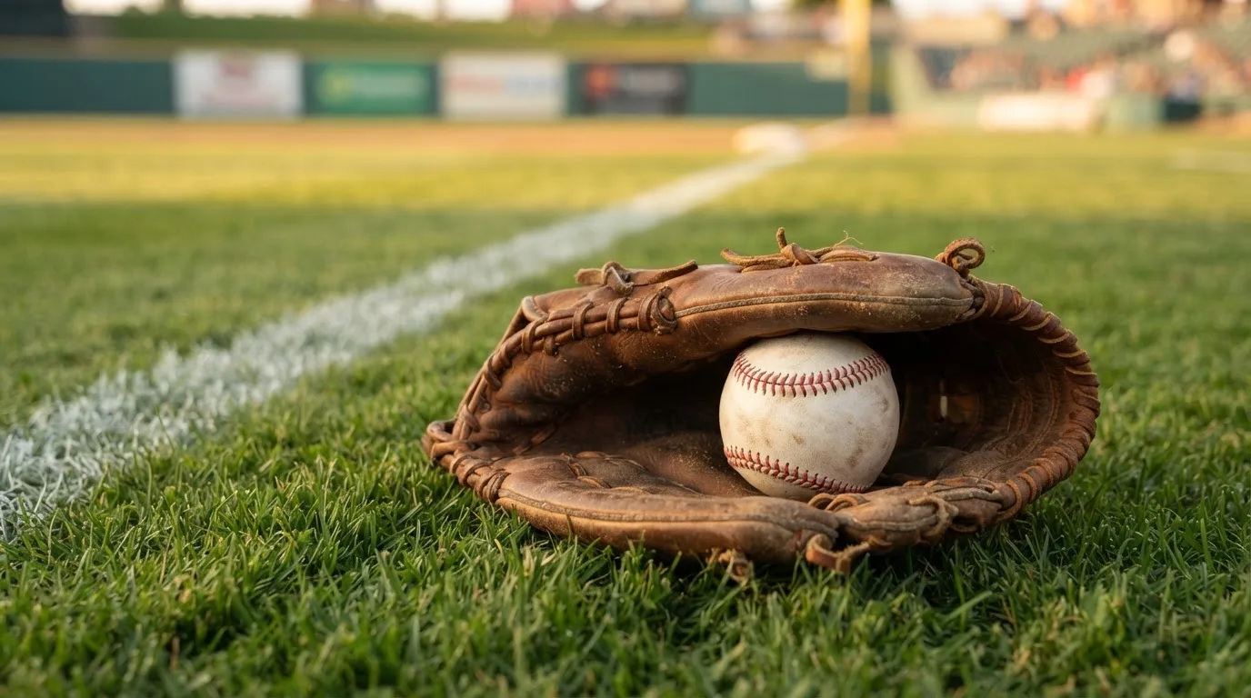 Ein weißer Baseball und ein Lederhandschuh liegen auf kurz geschnittenem Gras, im Hintergrund eine verschwommene Spielfeldbande.