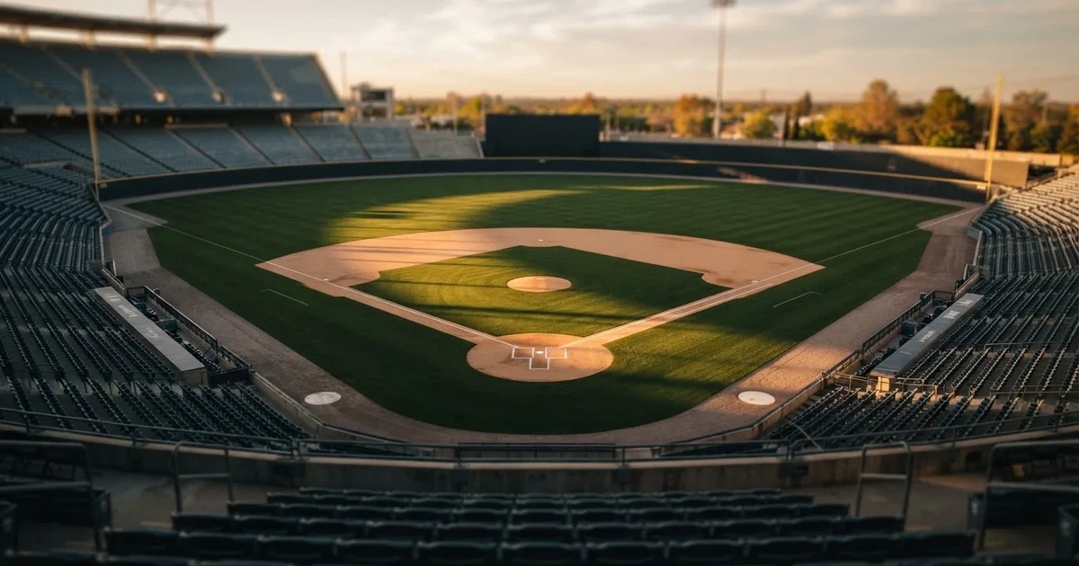 Ein Baseballfeld mit dem hellbraunen Infield und gepflegtem Rasen, von der Tribüne aus gesehen, die Ränge leer, tiefe Abendsonne.