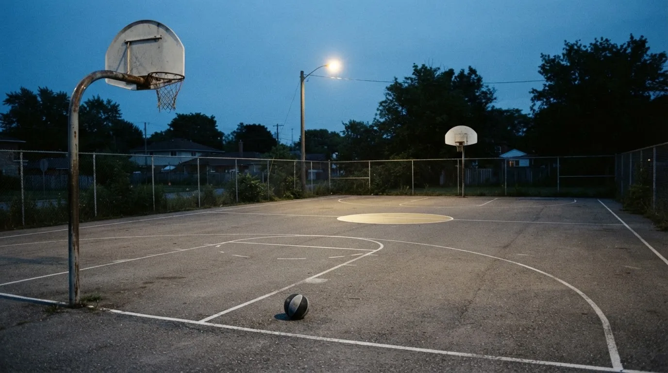 Ein Freiluft-Basketballplatz am Abend mit Asphalt, Linien und zwei Körben unter einer Straßenlaterne.