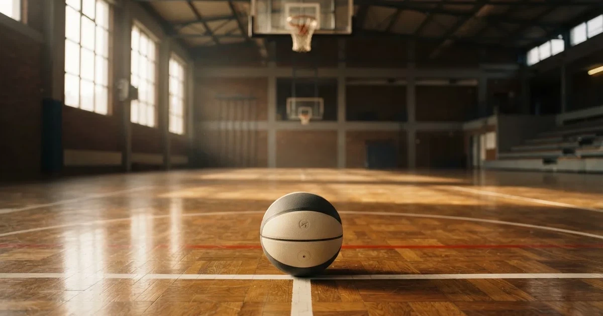 Ein Basketball liegt unter dem Korb auf dem Parkett einer leeren Sporthalle, Licht fällt durch hohe Fenster.