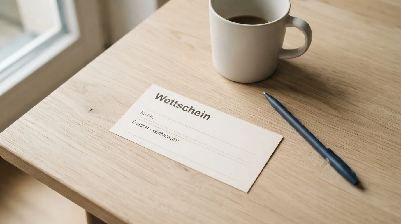 Ein leerer Wettschein aus Papier liegt neben einem Kugelschreiber und einer Tasse auf einem hellen Holztisch.