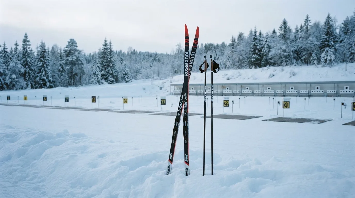 Ein Paar Langlaufskier steckt aufrecht im Schnee neben einem leeren Schießstand mit runden Zielscheiben, kaltes Winterlicht.