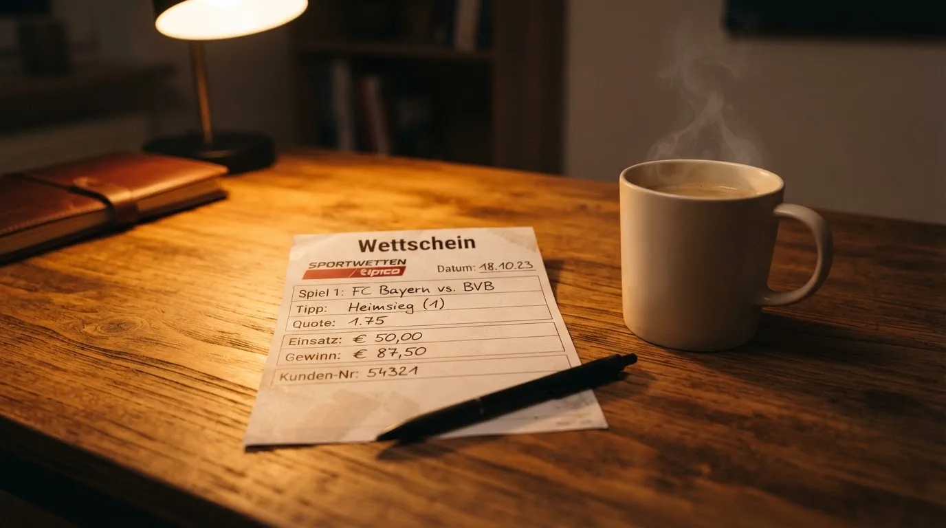 Ein leerer Papierwettschein und ein Kugelschreiber liegen auf einem Holztisch neben einer Tasse, warmes Licht einer Lampe.