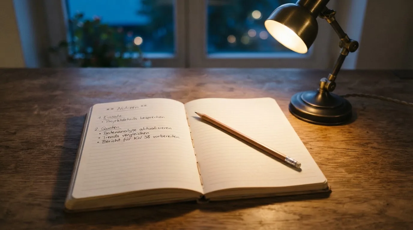 Ein Notizbuch mit handschriftlichen Notizen und ein Bleistift liegen neben einer Tischlampe auf einem Schreibtisch, ruhiges Abendlicht.