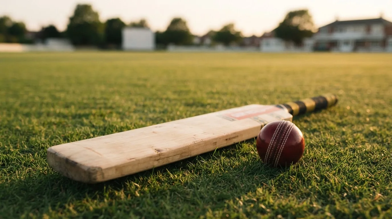 Ein Cricketschläger aus hellem Holz und ein roter Lederball liegen auf kurzem Rasen, weiches Abendlicht.