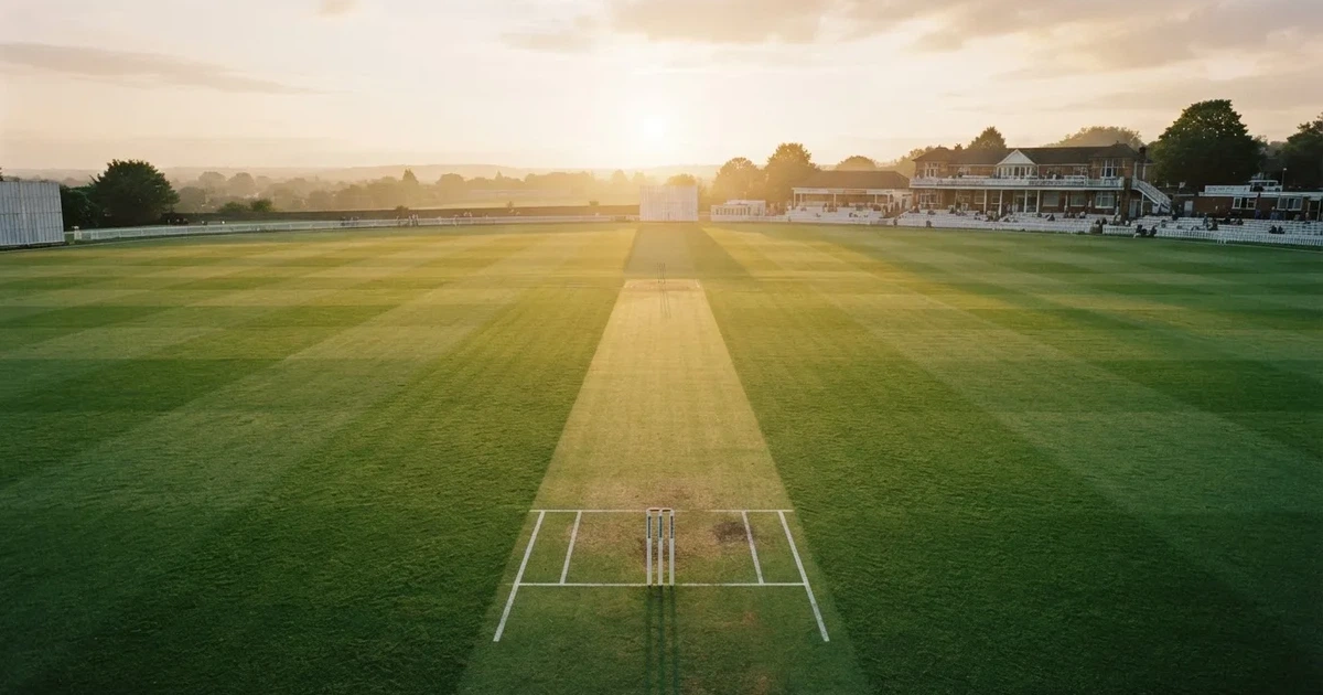 Ein weites grünes Cricketfeld mit einem hellen Streifen in der Mitte, tief stehende Sonne, im Hintergrund eine leere Tribüne.