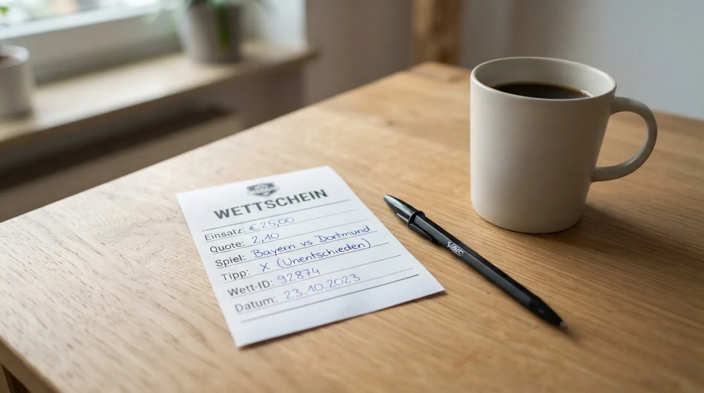 Ein leerer Wettschein aus Papier liegt neben einem Kugelschreiber und einer Tasse auf einem hellen Holztisch.