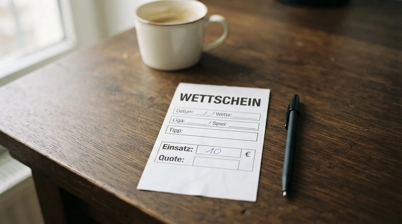 Ein leerer Papierwettschein und ein Kugelschreiber liegen auf einem aufgeräumten Schreibtisch, weiches Licht von einem Fenster.