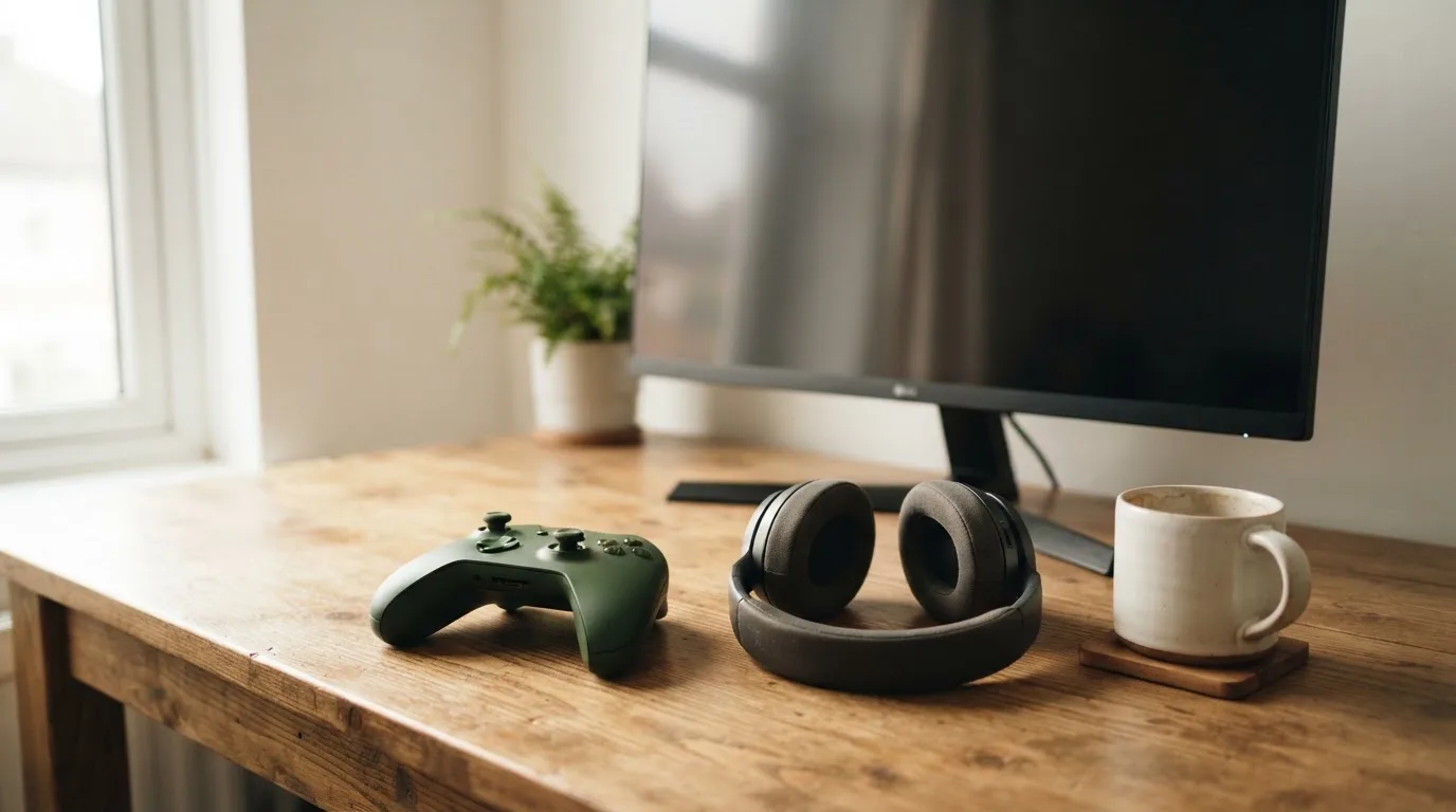 Ein Gamepad und ein Headset liegen auf einem Schreibtisch neben einer Tasse, der Bildschirm im Hintergrund ist ausgeschaltet.