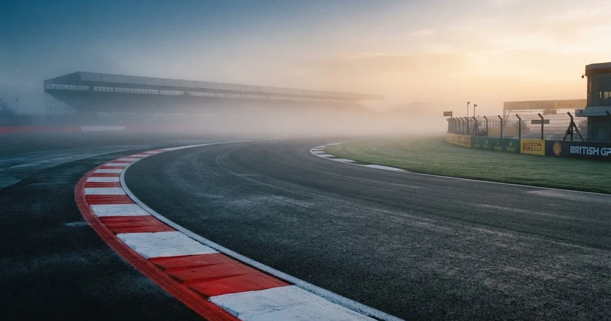Eine leere Rennstrecke im Morgennebel, Asphalt mit rot-weißen Randsteinen, im Hintergrund Tribünen in der Ferne.