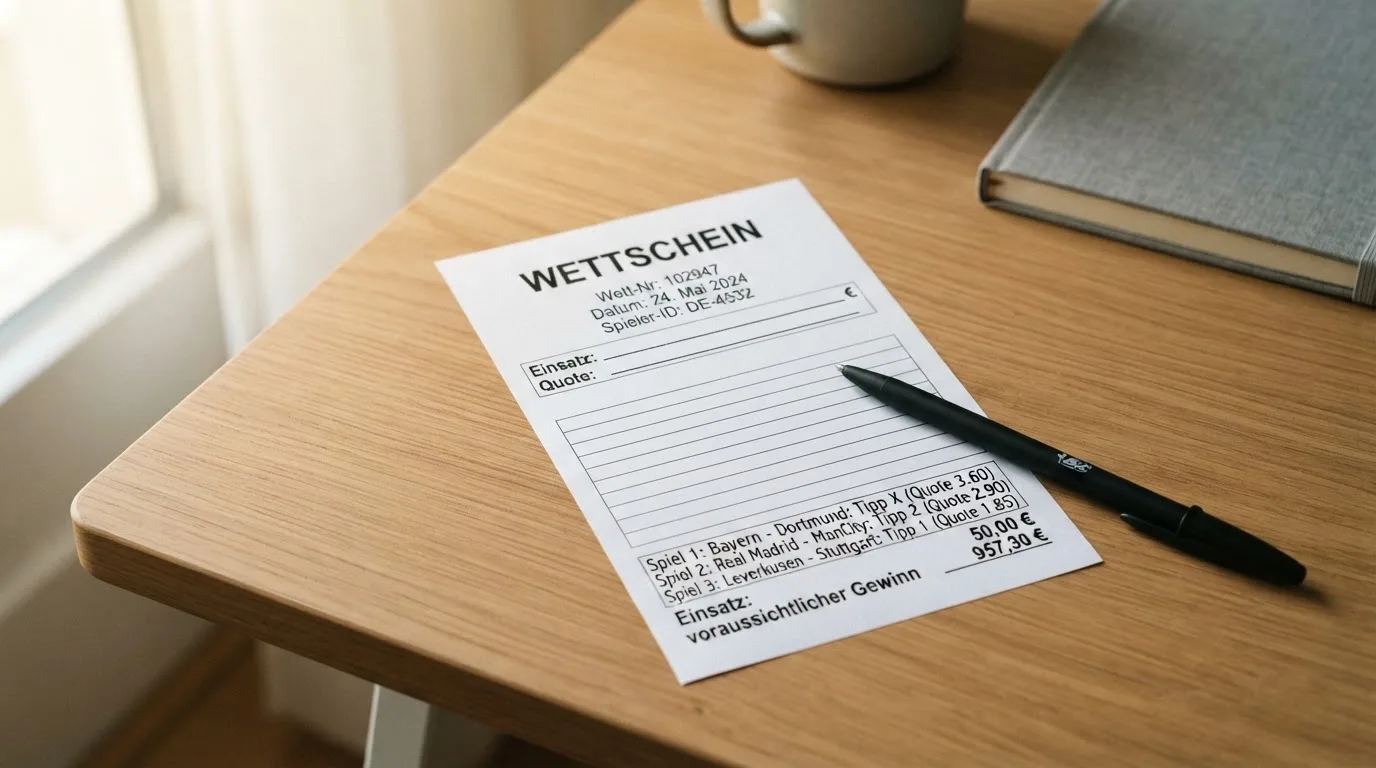 Ein leerer Papierwettschein und ein Kugelschreiber liegen auf einem aufgeräumten Schreibtisch, weiches Licht von einem Fenster.