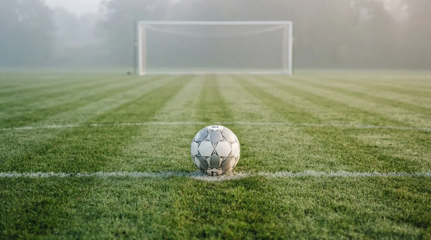 Ein Fußball liegt auf dem Elfmeterpunkt eines leeren Rasenplatzes, im Hintergrund unscharf ein Tor im Morgendunst.