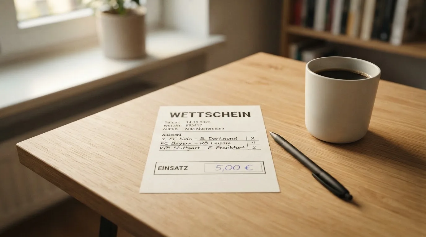 Ein leerer Wettschein aus Papier liegt neben einem Kugelschreiber und einer Tasse auf einem hellen Holztisch.