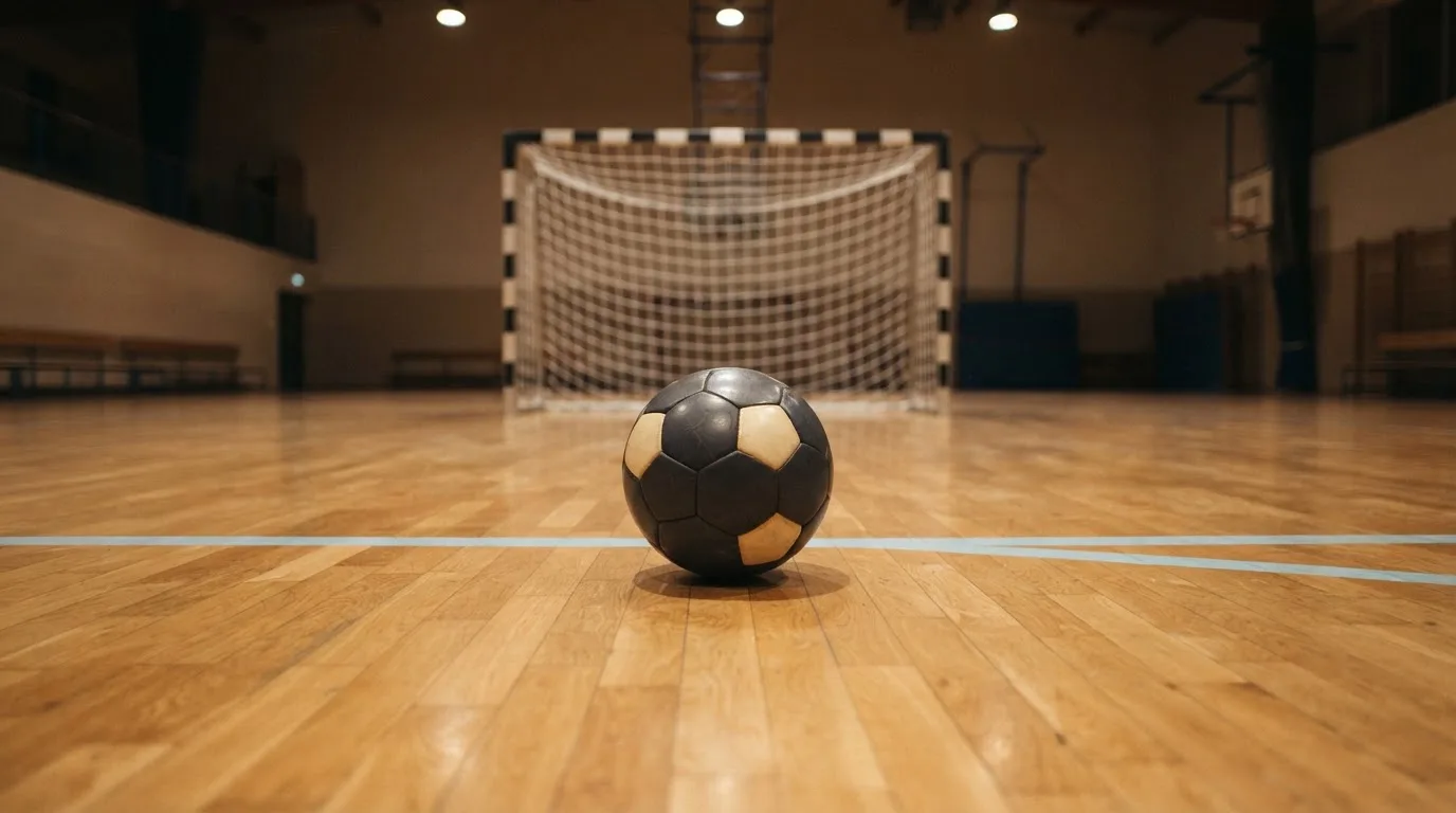 Ein kleiner schwerer Ball liegt in einer Halle auf dem Parkett vor einem Tor, warmes Licht aus den Deckenstrahlern.